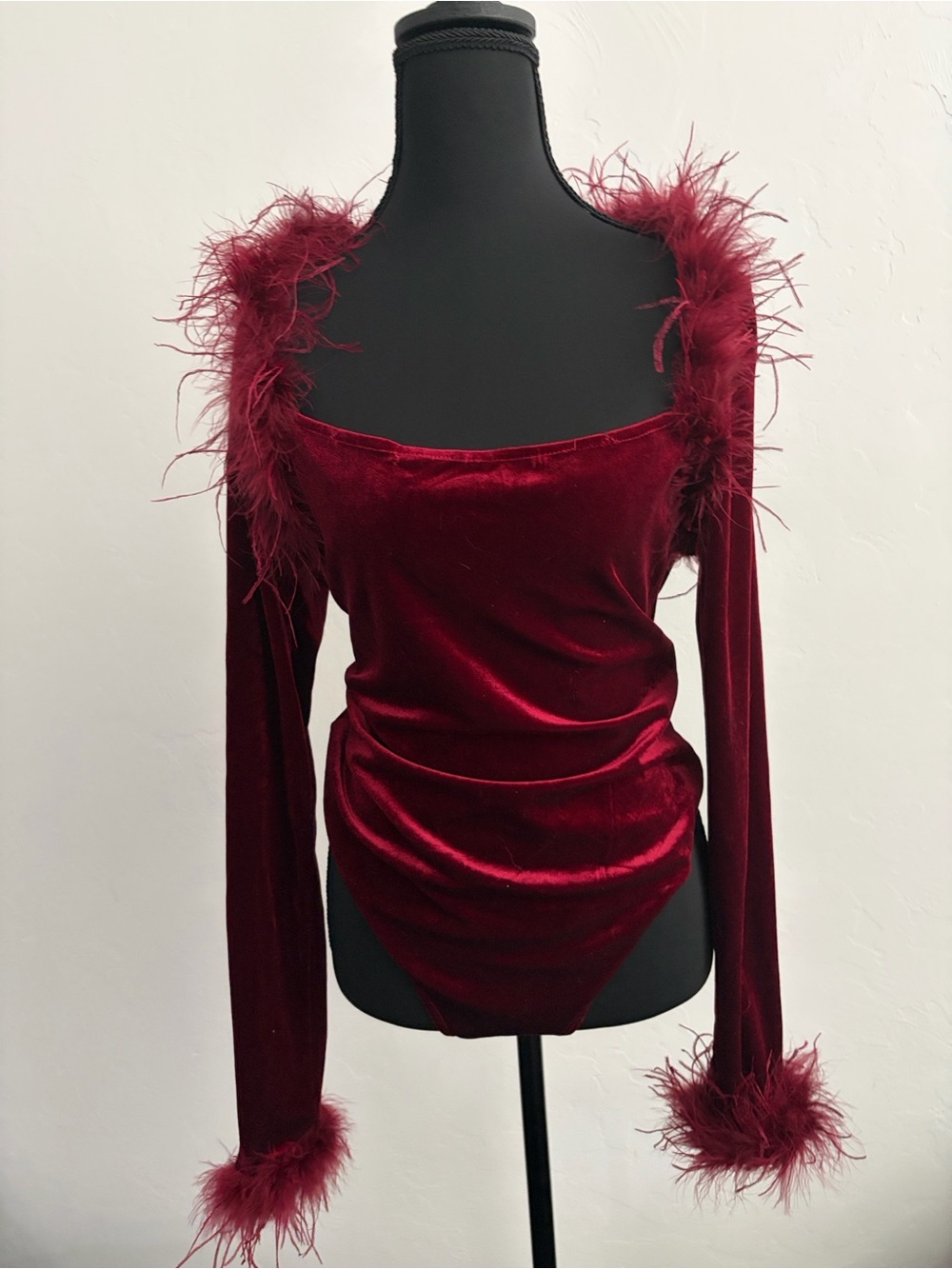 Velvet Feather-Trim Long Sleeve Top in Burgundy